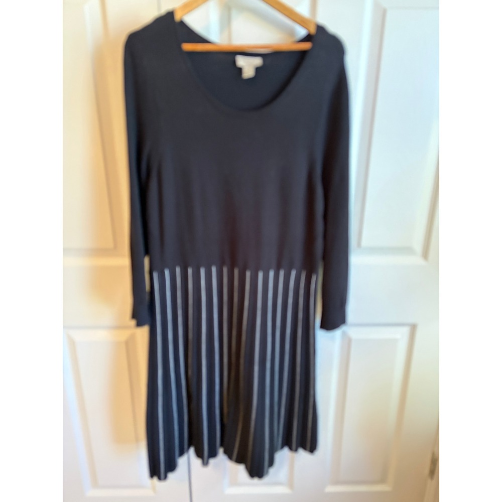Loft Outlet Black White Striped Pleated Knit Sweater Dress Long Sleeve Large